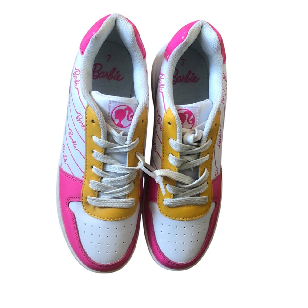Barbie White  Pink and Yellow Vegan Leather Sneakers Size 7 Good Condition